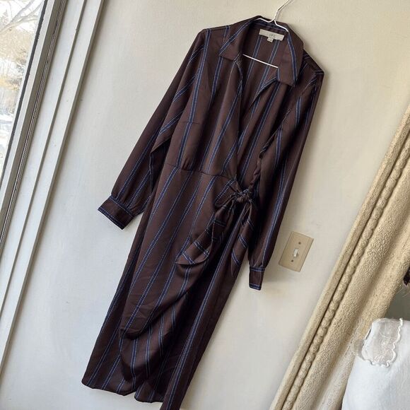 LOFT Brown Satin Striped Wrap Midi Dress w/ Waist Tie, Collared, Size M - Picture 8 of 12